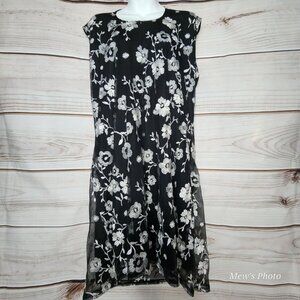 NWOT - Kate & Mallory Embroidered Flowers Black/White Slip-On Tie Neck, Sz 1X